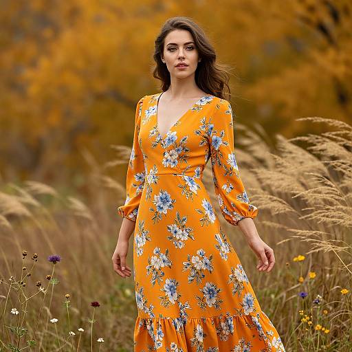 Photograph of a woman with long brown hair in an orange floral dress, standing in a golden autumn meadow, surrounded by tall grasses and wild