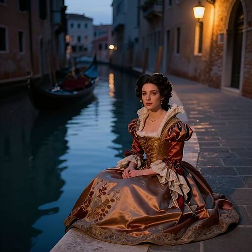Photorealistic digital painting of a pale-skinned woman with dark curly hair, wearing a rich, gold and brown Renaissance gown, seated on a canal