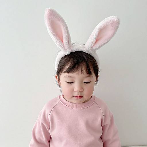 Photograph of a chubby Asian baby with dark hair, wearing a white bunny ear hat and pink long-sleeve shirt, looking down against a plain
