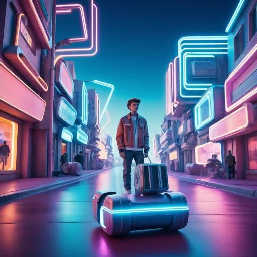 Futuristic Teen with Neon Inventions on Retro Street