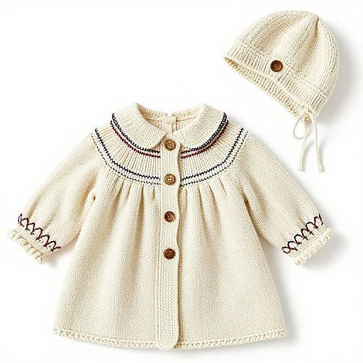 Photograph of a cream-colored knitted baby outfit with navy stitching, wooden buttons, and matching hat, laid flat on white background.