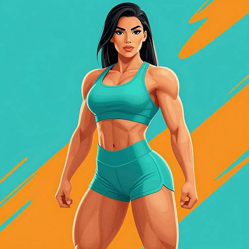 Digital illustration of a muscular, tan-skinned woman with black hair, wearing a teal sports bra and shorts, standing confidently against a bright blue and orange