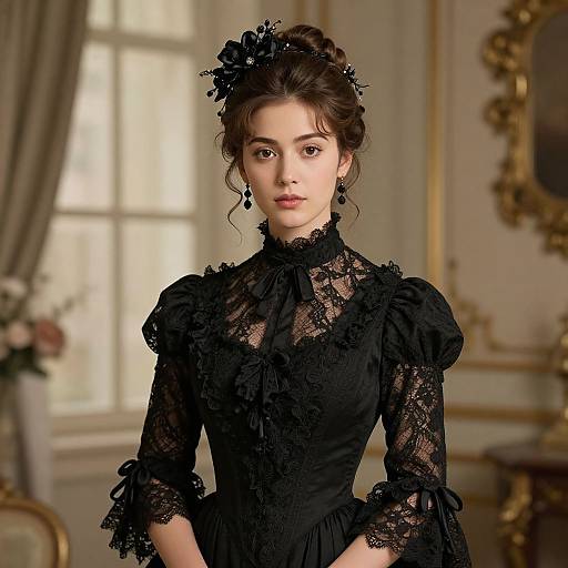 Photograph of a young woman with fair skin and brown hair, wearing a black lace Victorian dress with puffed sleeves and a floral hairpiece, standing
