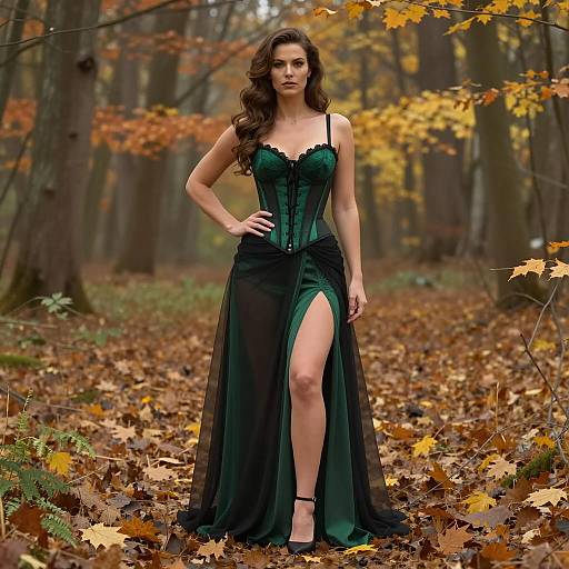 Woman in Green and Black Corset Dress in Autumn Forest