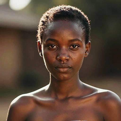 Photograph of a young, dark-skinned, shirtless boy with short, curly hair, looking directly at the camera, with a blurred outdoor background