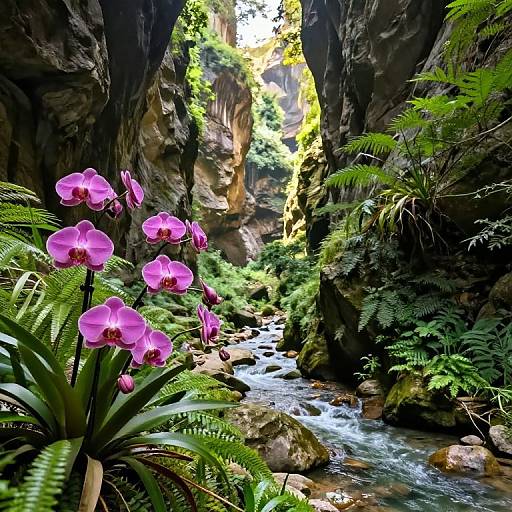 Photograph of a lush, narrow canyon with vibrant pink orchids, green ferns, and a clear, rocky stream flowing through rocky walls. Sun