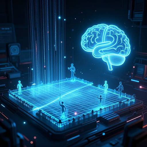 Neon blue CGI image of glowing brain hovering above futuristic grid platform with silhouetted figures, surrounded by dark, tech-themed background.