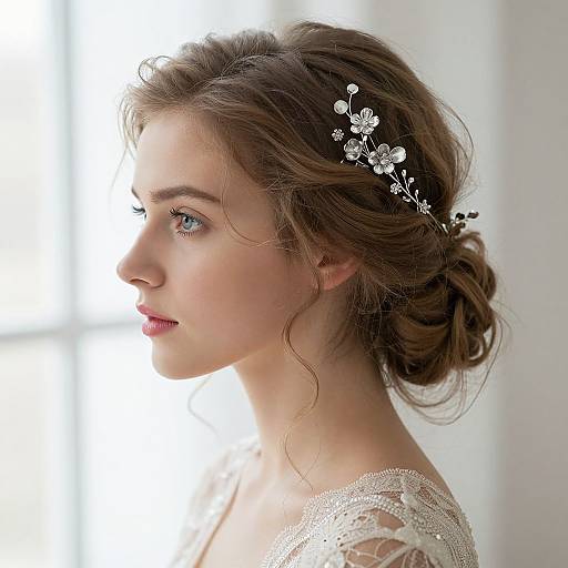Photograph of a young woman with fair skin, blue eyes, and brown hair in a bun, adorned with a delicate floral hairpiece, wearing a