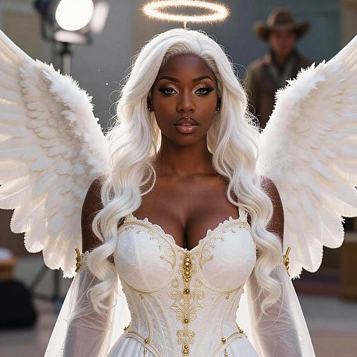 Digital artwork of a dark-skinned, angelic woman with long white hair, glowing halo, large white wings, and a white, corset-style