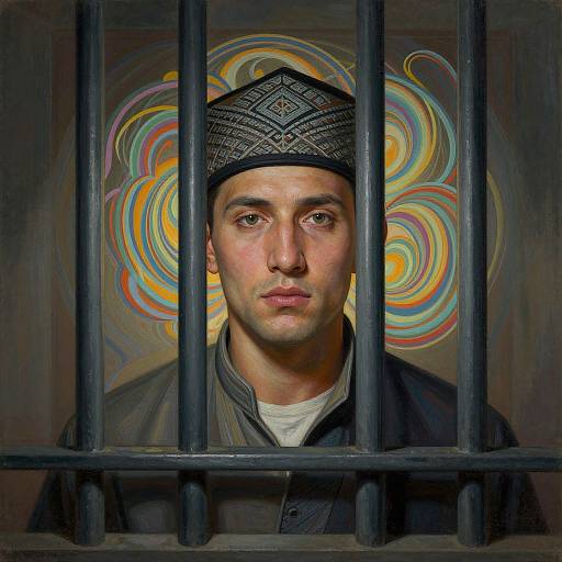 Digital painting of a solemn young man with Middle Eastern features, wearing a black geometric patterned cap, behind black prison bars, with a vibrant, swirling