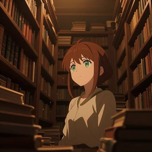 Anime-style digital drawing of a brown-haired, green-eyed girl with a white shirt, standing in a dimly lit, crowded library aisle.