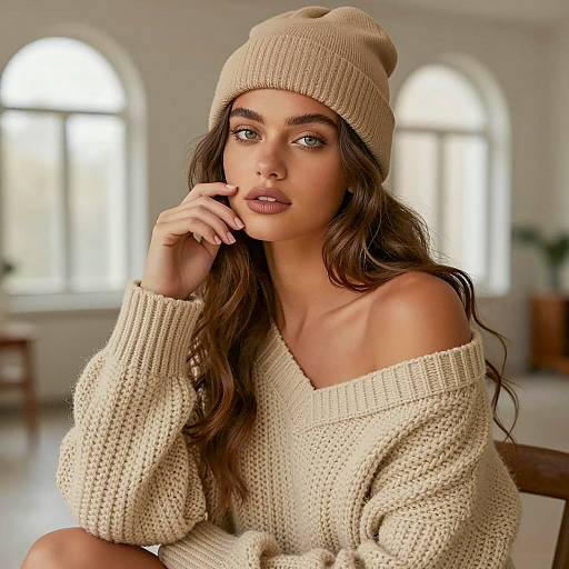 Young Woman in Beanie and Knit Sweater