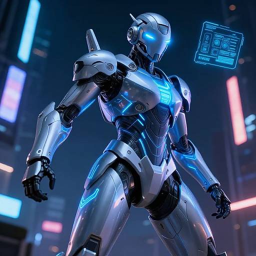 CGI image of a futuristic, blue-lit, silver robotic humanoid with glowing eyes and neon accents, standing in a neon-lit cityscape.