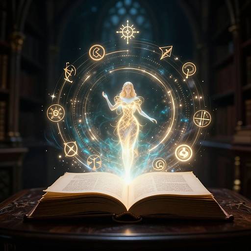 Digital artwork: Glowing, ethereal figure emerges from open book, surrounded by magical symbols and circles, set in a dark, cathedral-like background.