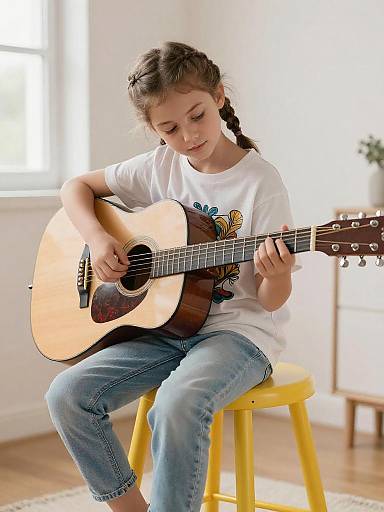 Young Girl Practicing Acoustic Guitar