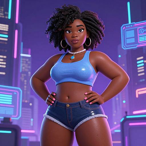 Digital CGI of a confident, curvy Black woman with afro hair, wearing a blue crop top, denim shorts, white necklace, and hoop earrings