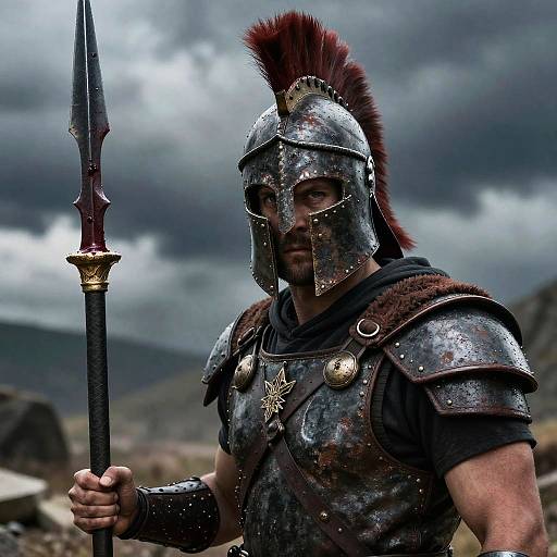Spartan Warrior in Stormy Battlefield