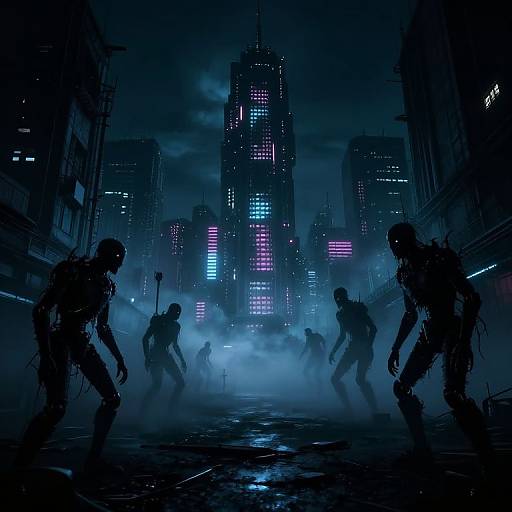 Digital artwork of dark, silhouetted figures crouching in a foggy, neon-lit urban street at night, with towering skyscrap