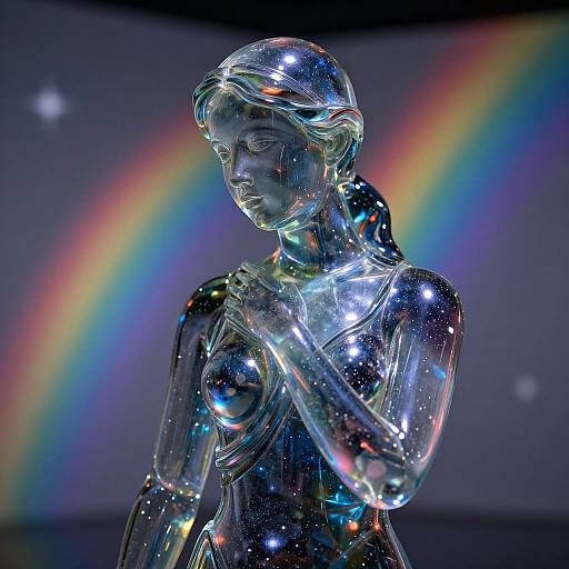 Photograph of a reflective, glass-like statue of a serene woman, illuminated by vibrant rainbow light, against a dark, starry background.