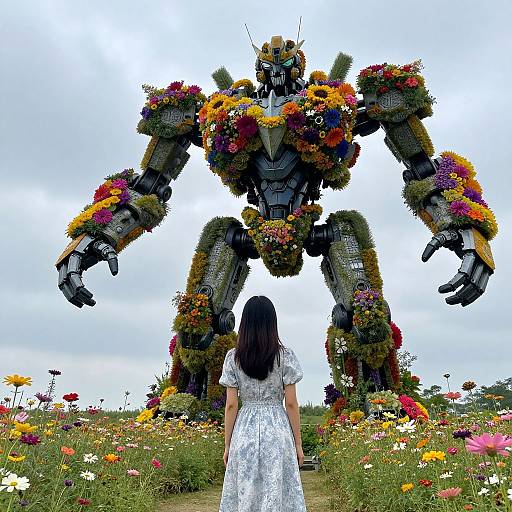 Photograph of a woman in a white lace dress standing before a giant, flower-covered mechanical robot in a colorful meadow.