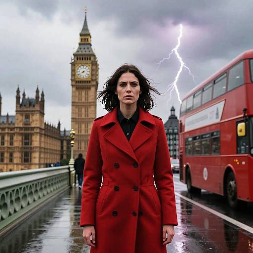 Photograph of a confident woman in a red coat standing on a rainy London bridge, with Big Ben and a lightning bolt in the stormy sky,