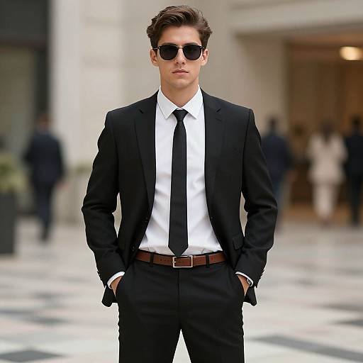 Photograph of a stylish young man in a black suit, white shirt, black tie, and sunglasses, standing confidently with hands in pockets on a city