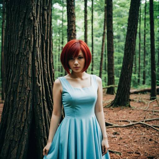 Woman with Red Hair in Blue Dress in Forest