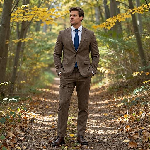 Man in Brown Suit Standing on Autumn Forest Path