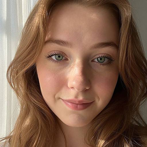 Photograph of a young woman with light green eyes, fair skin, and wavy brown hair, smiling softly at the camera. Sunlight illuminates