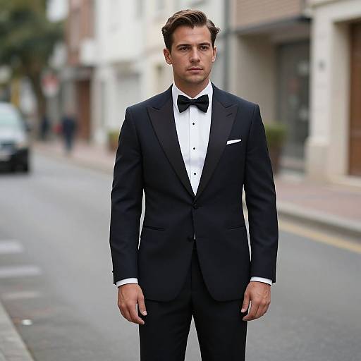 Photograph of a handsome, young man with short brown hair in a black tuxedo with bow tie, standing on a city street. Blurred