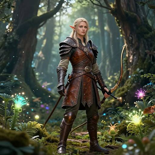 High Fantasy Elf Warrior in Enchanted Forest