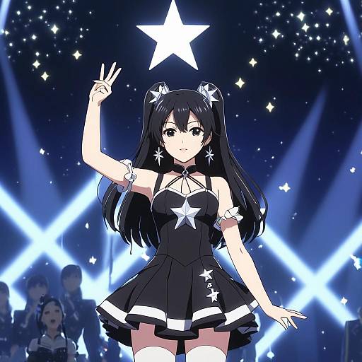 Anime-style digital illustration of a black-haired girl in a star-themed black dress, flashing a peace sign, under bright blue and white stage lights with a