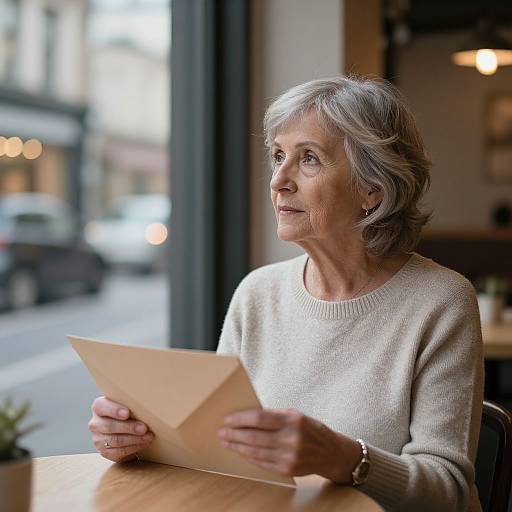 Photograph of an elderly woman with short gray hair, wearing a beige sweater, holding a cream envelope, sitting at a café table, gazing outside
