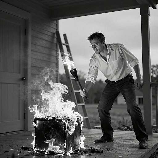 Intense Man with Torch in Black and White