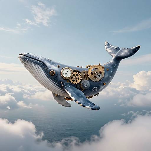 Steampunk blue whale with gears and clockwork mechanisms soaring through a bright, cloudy sky over the ocean. Digital art.