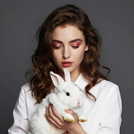 Photograph of a young woman with wavy brown hair, wearing a white shirt, holding a white rabbit against a dark gray background.