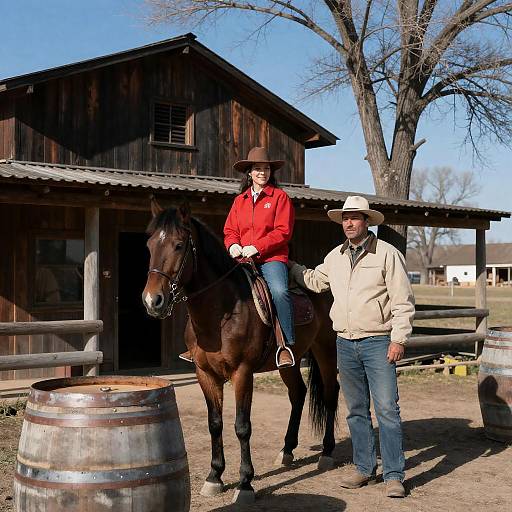 Woman in Red Riding Horse Near Barn