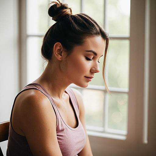 Photograph of a young woman with fair skin and brown hair in a bun, wearing a pink tank top, gazing downward in soft natural light from