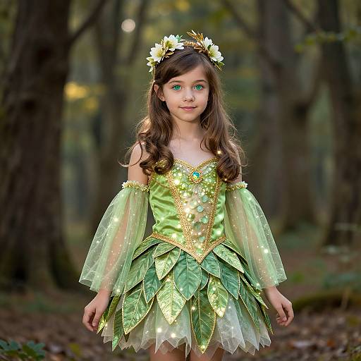 Photograph of a young girl with green eyes in a forest, wearing a green fairy costume with leafy skirt, off-shoulder sleeves, flower