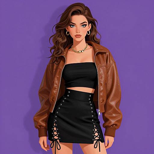 Digital art of a confident woman with long brown hair, wearing a brown leather jacket, black strapless crop top, and lace-up black skirt, against