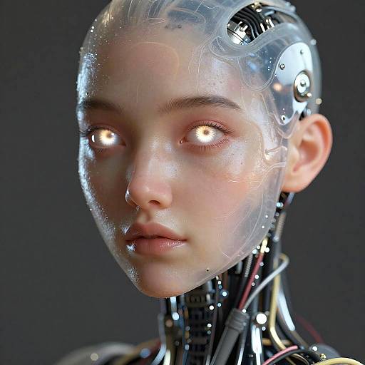 Photorealistic CGI of a young, androgynous, cybernetic human with glowing white eyes, transparent face, and exposed mechanical neck against