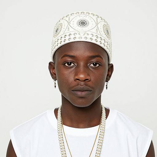 Photograph of a serious-looking African woman with dark skin, wearing a white, intricate beaded headwrap and white top, against a plain white background