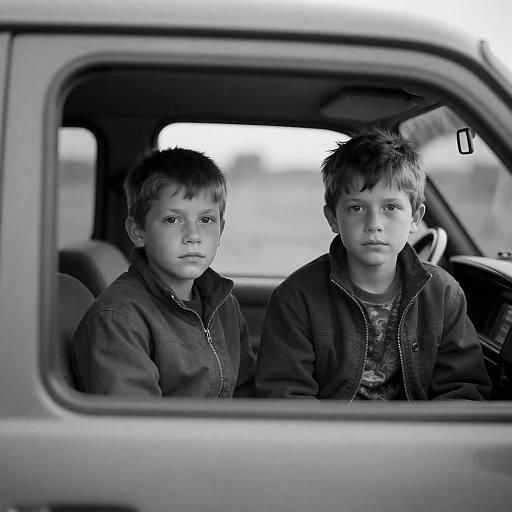 Black-and-White Portrait of Boys in Truck