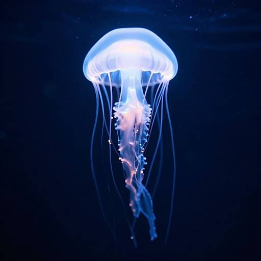 Photograph of a glowing blue and white jellyfish with translucent tentacles, floating in a dark, starlit ocean.