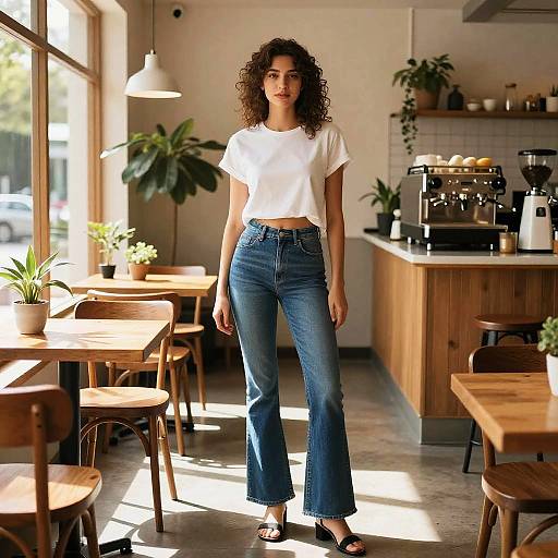 Photograph of a curly-haired woman in a white crop top and blue flared jeans, standing in a sunlit, modern café with wooden tables and
