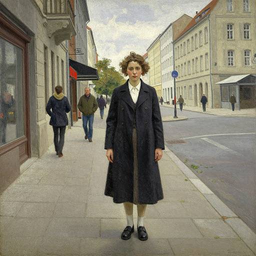 Digital painting of a curly-haired woman in a black coat and white shirt standing on a European street, with pedestrians and historic buildings in the background.