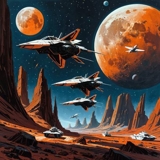 Space Battle with Butterfly-Inspired Frigates on Rust-Colored Moon