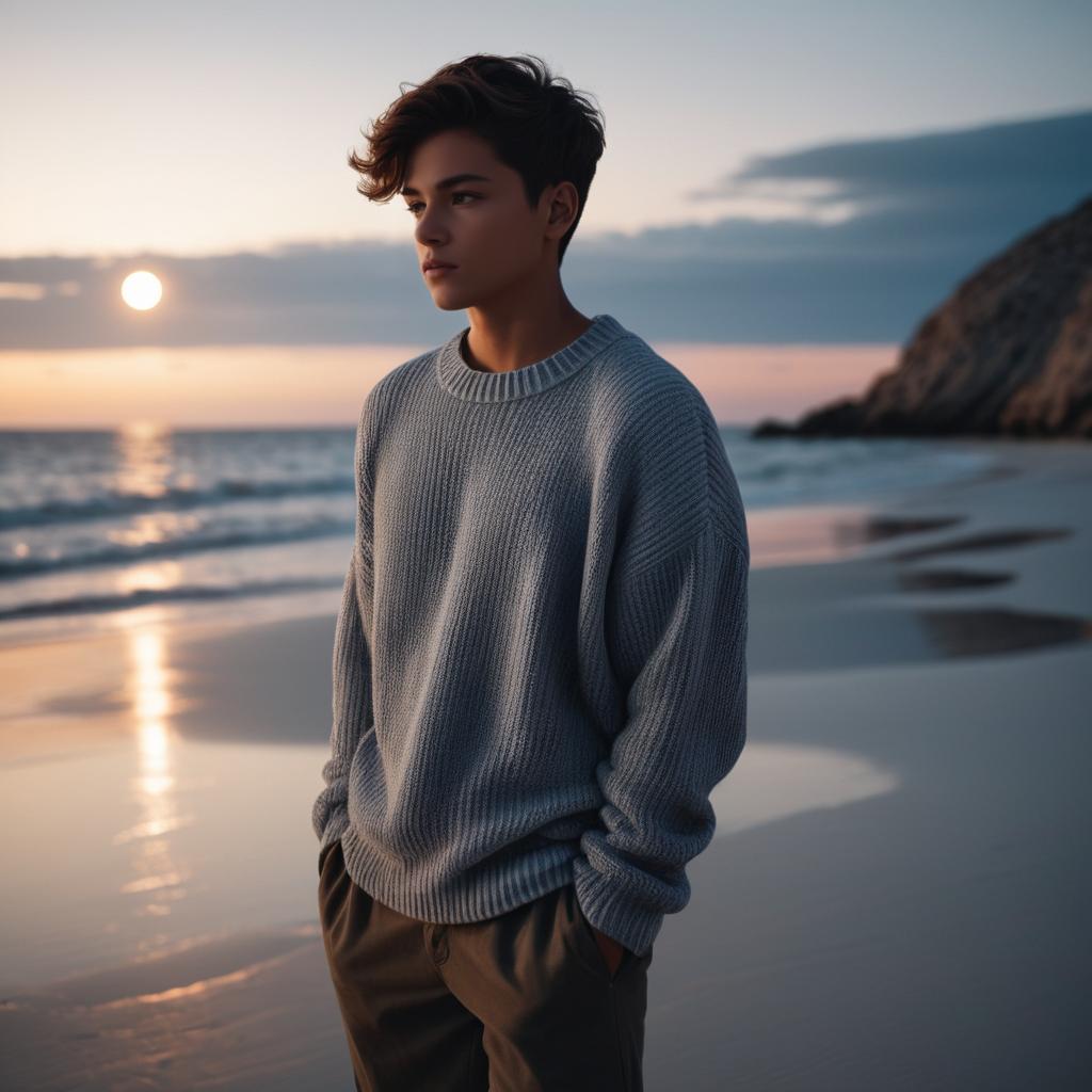 Moonlit Boy on a Deserted Beach