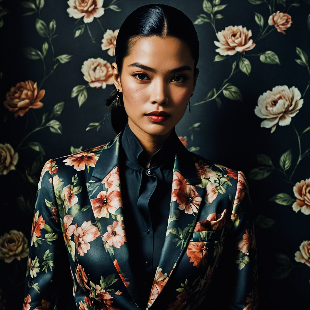 Chic Olive-Skinned Model in Floral Blazer