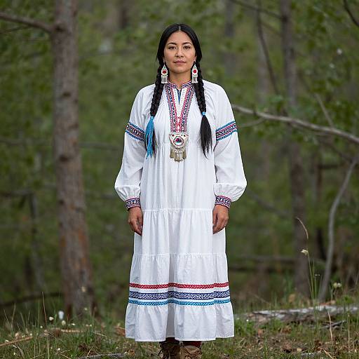 Photograph of a young Native American woman with long black braids, wearing a white traditional dress with colorful embroidery, standing in a forest. She has